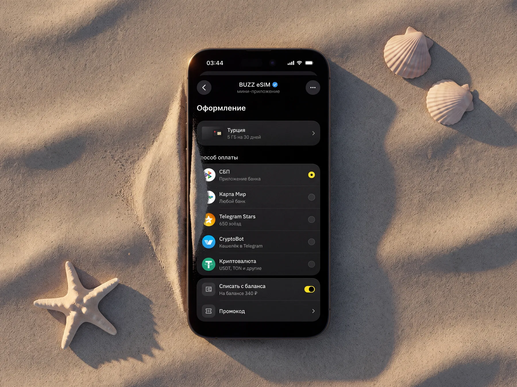 Checkout with payment methods on a phone in the sand beside two shells