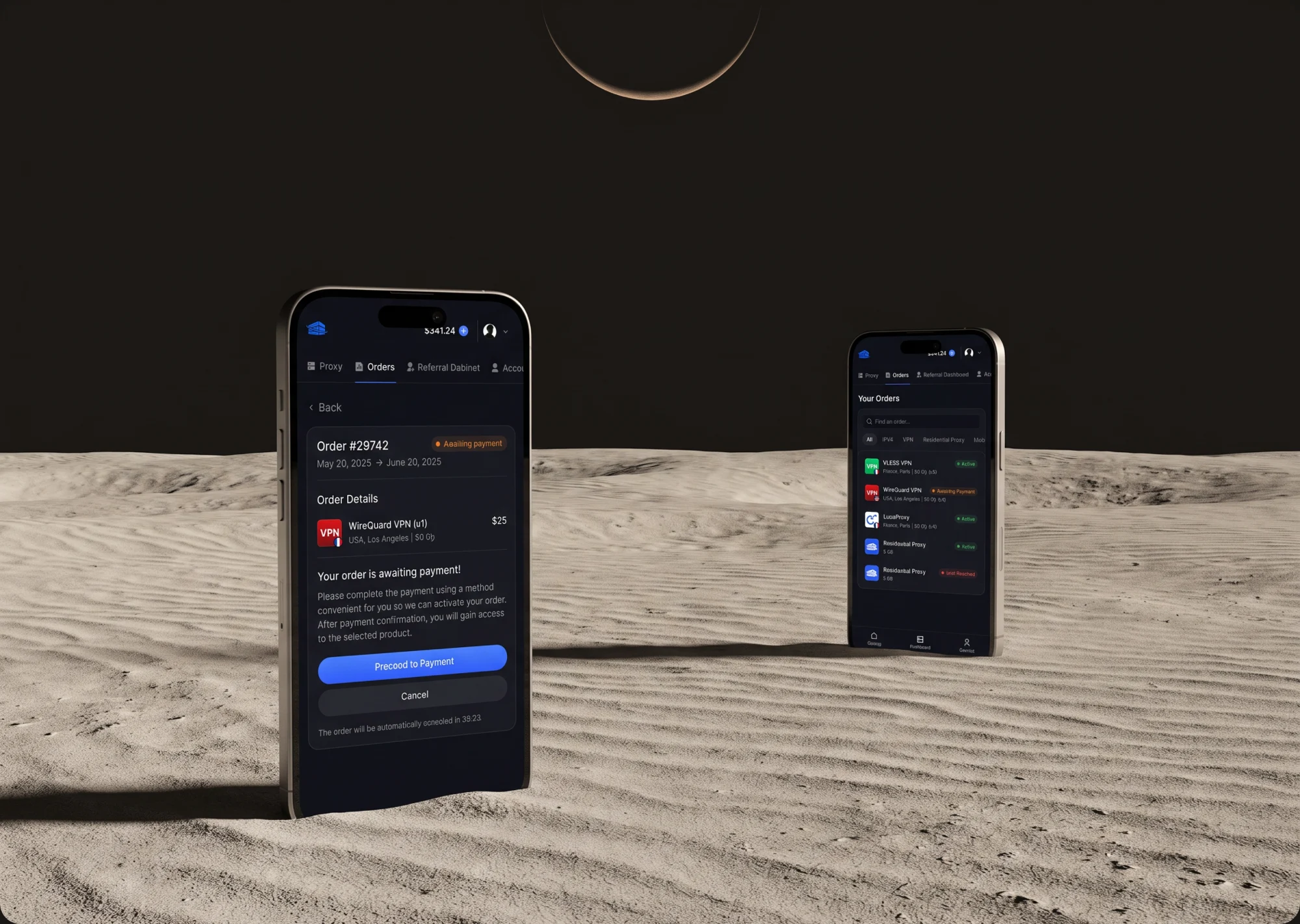 Proxy Universe order screens on two phones standing in sand