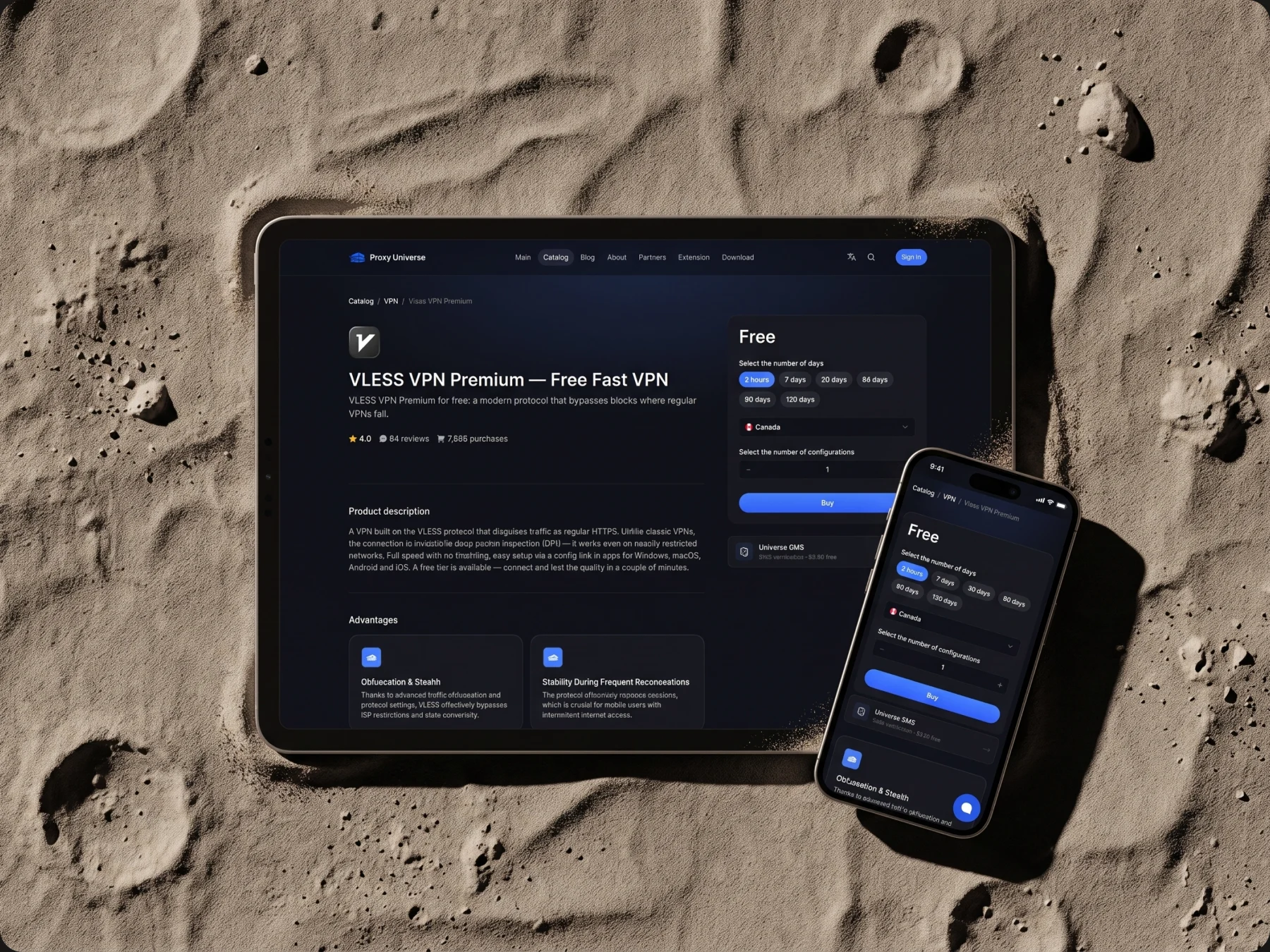 Product page on a tablet and a phone